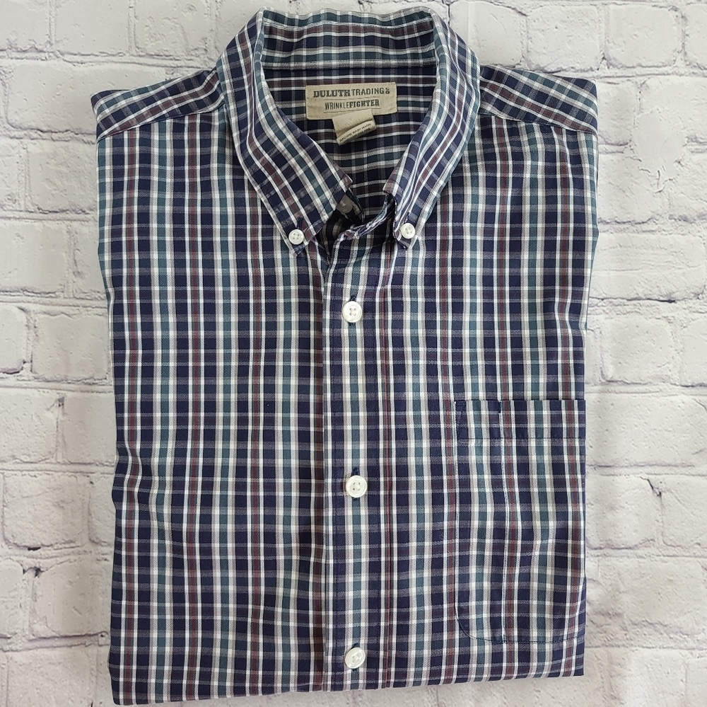 Duluth Trading Men's Sz Large Wrinkle Fighter Blue Plaid Button Down Shi…